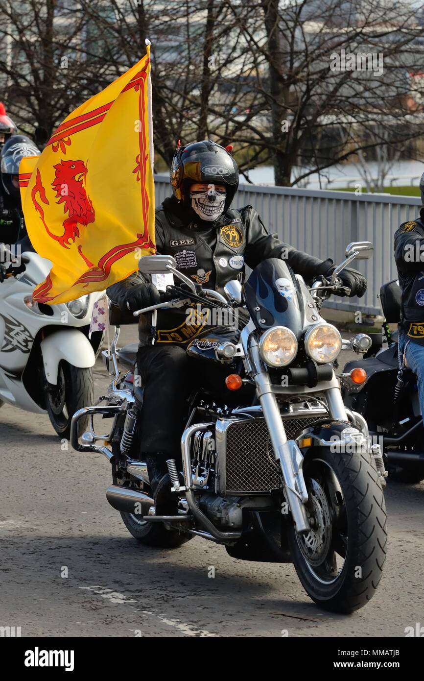 Glasgow, Schottland, Großbritannien. Der 1. April 2018. Hunderte von Bikern in Glasgow für das jährliche Ostern Parade versammelt in der Hilfe des Glasgow Kinder Krankenhaus Stockfoto