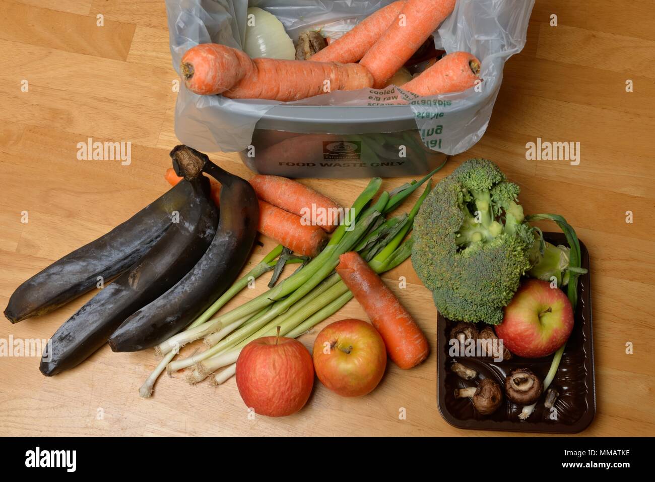 Abfälle und faulendem Obst und Gemüse in einen Papierkorb, und biologisch abbaubare Beutel eingesetzt werden Stockfoto