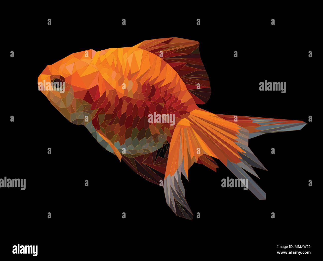 Abbildung polygonalen Zeichnung der Goldenen Fisch in schwarzen Hintergrund. Stockfoto