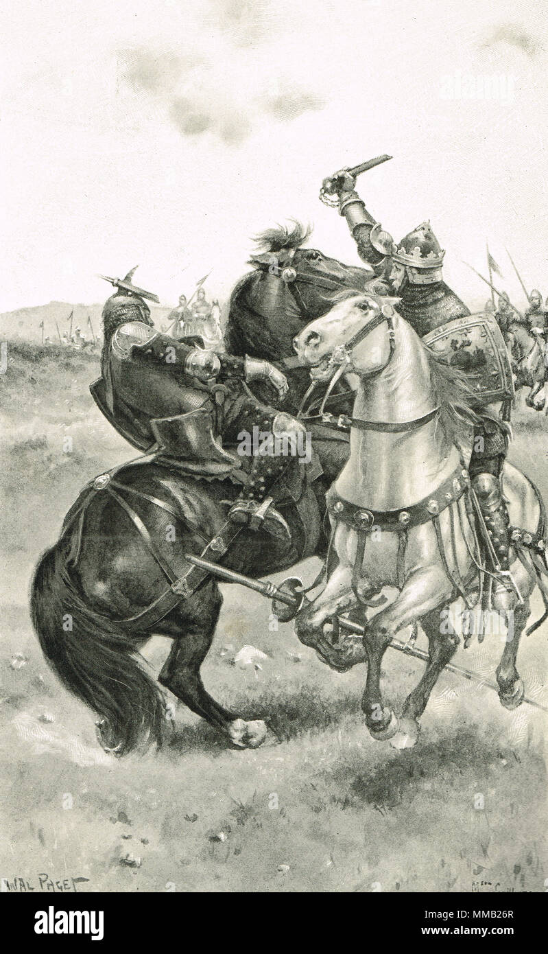 Robert the Bruce slaying Sir Henry de Bohun (auch Dinkel de Boune), im Zweikampf vor der Armeen, Schlacht von Bannockburn, 24. Juni 1314 Stockfoto