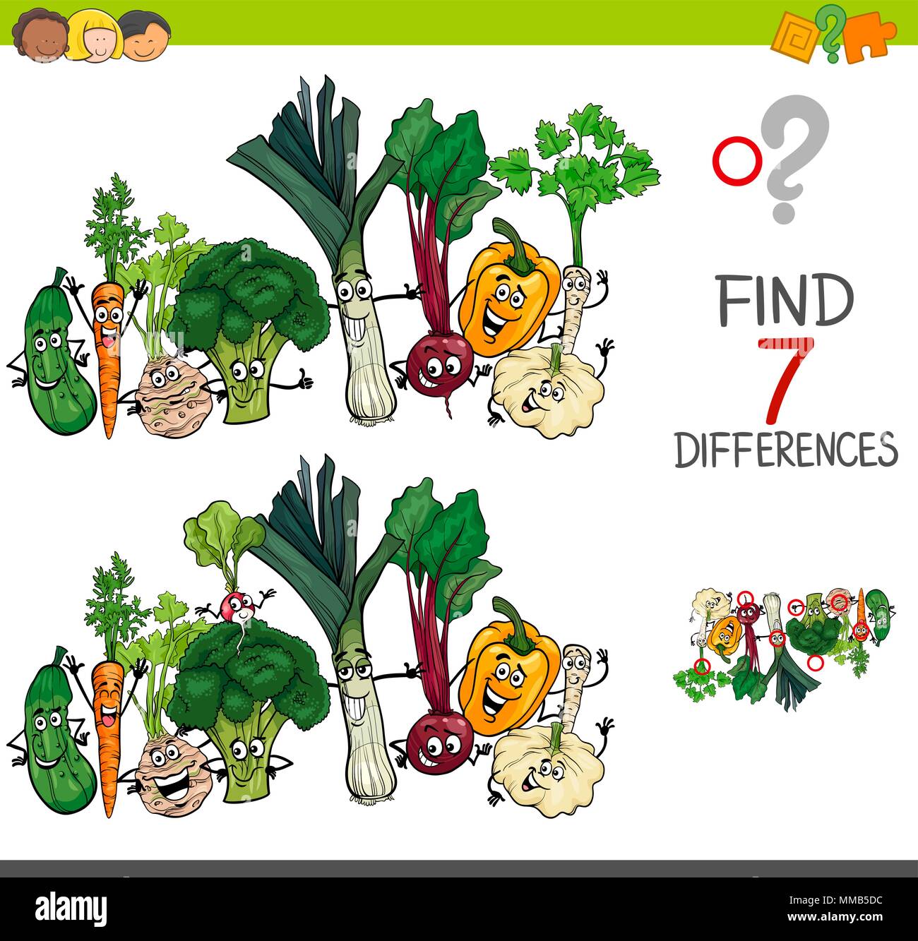 Cartoon Illustration des Findens Sieben Unterschiede zwischen Bilder pädagogische Tätigkeit Spiel für Kinder mit Gemüse essen Zeichen Gruppe Stock Vektor