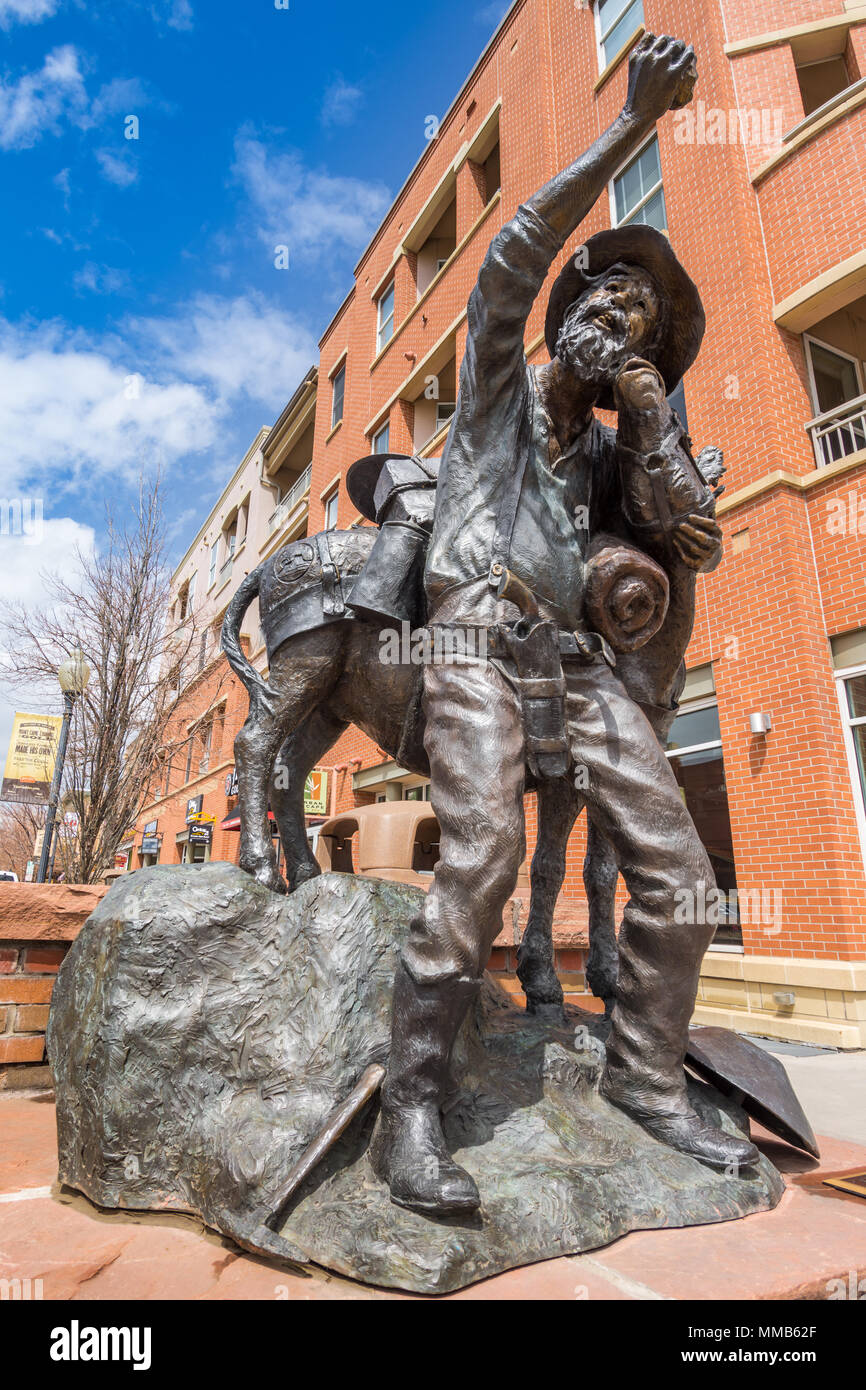 Gold Miner und maultier Bronze Skulptur, Golden, Colorado, USA. Stockfoto
