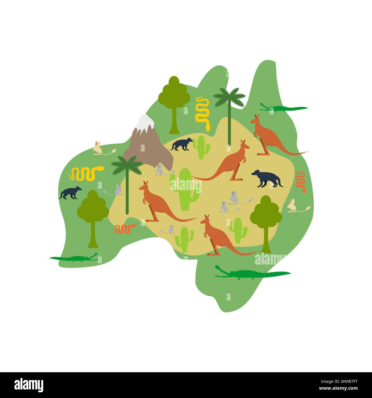 Australien Karte Flora und Fauna. Tiere und Pflanzen auf dem Festland. Vector Illustration Stock Vektor