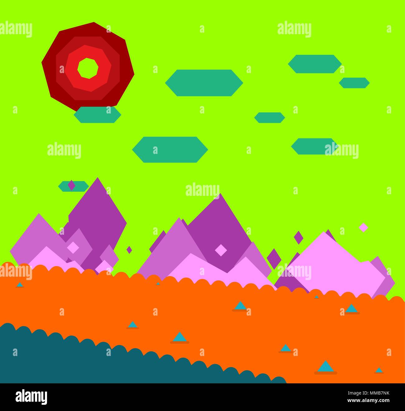 Fantastische Landschaft. Abstrakte Natur. Ungewöhnliche Sonnenuntergang. Vector Illustration Stock Vektor