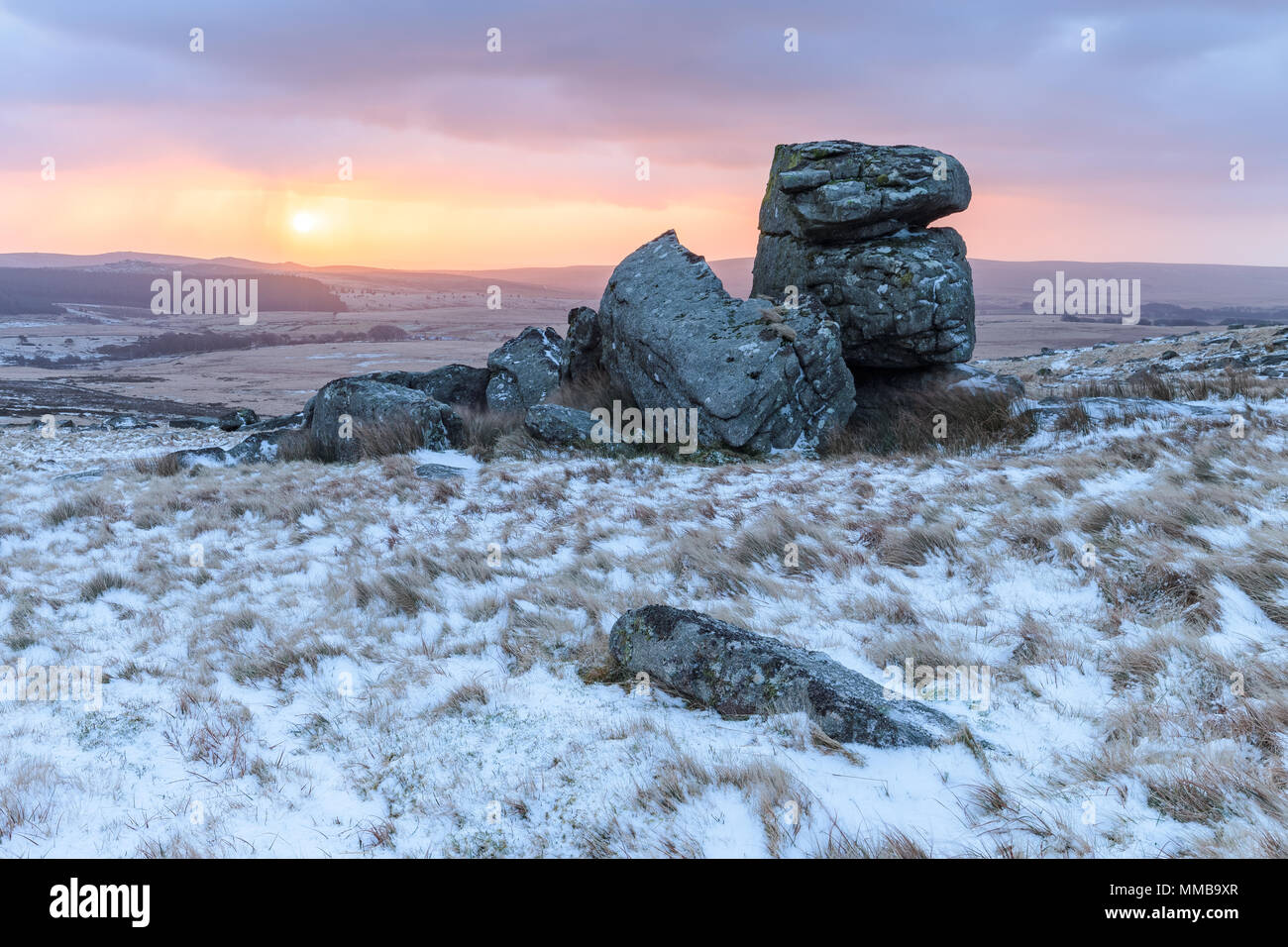 Snowy Höhere weißen Tor, Dartmoor. Stockfoto