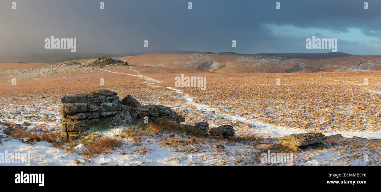 Snowy Höhere weißen Tor, Dartmoor. Stockfoto