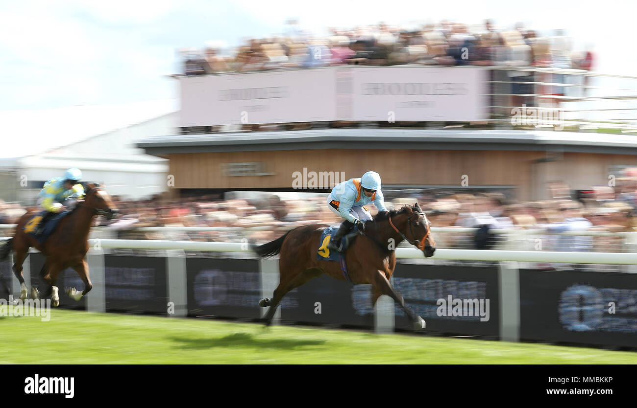 Datum der Hochzeit geritten von Sylvester De Sousa gewinnt den Britischen Hengst Bolzen E.B.F. Maiden Stakes, während Damen Tag des 2018 Boodles Mai Festival an der Rennbahn von Chester. Stockfoto