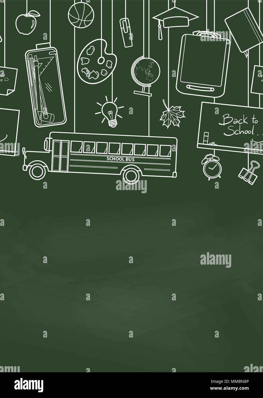 Nahtlose Muster von Schulmaterial hängen von oben auf die grüne Tafel. Hintergrund Design für Schule und Ausbildung in Vector Illustration. Stock Vektor