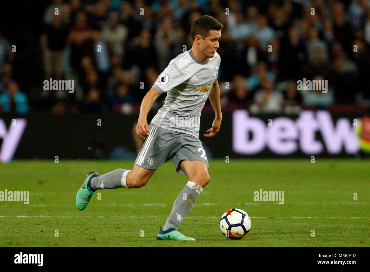 London, Großbritannien. 10. Mai 2018. Ander Herrera von Manchester United in Aktion. Premier League match, West Ham United v Manchester United auf dem Londoner Stadion, Queen Elizabeth Olympic Park in London am Donnerstag, den 10. Mai 2018. Dieses Bild dürfen nur für redaktionelle Zwecke verwendet werden. Nur die redaktionelle Nutzung, eine Lizenz für die gewerbliche Nutzung erforderlich. Keine Verwendung in Wetten, Spiele oder einer einzelnen Verein/Liga/player Publikationen. pic von Steffan Bowen/Andrew Orchard sport Fotografie/Alamy leben Nachrichten Stockfoto