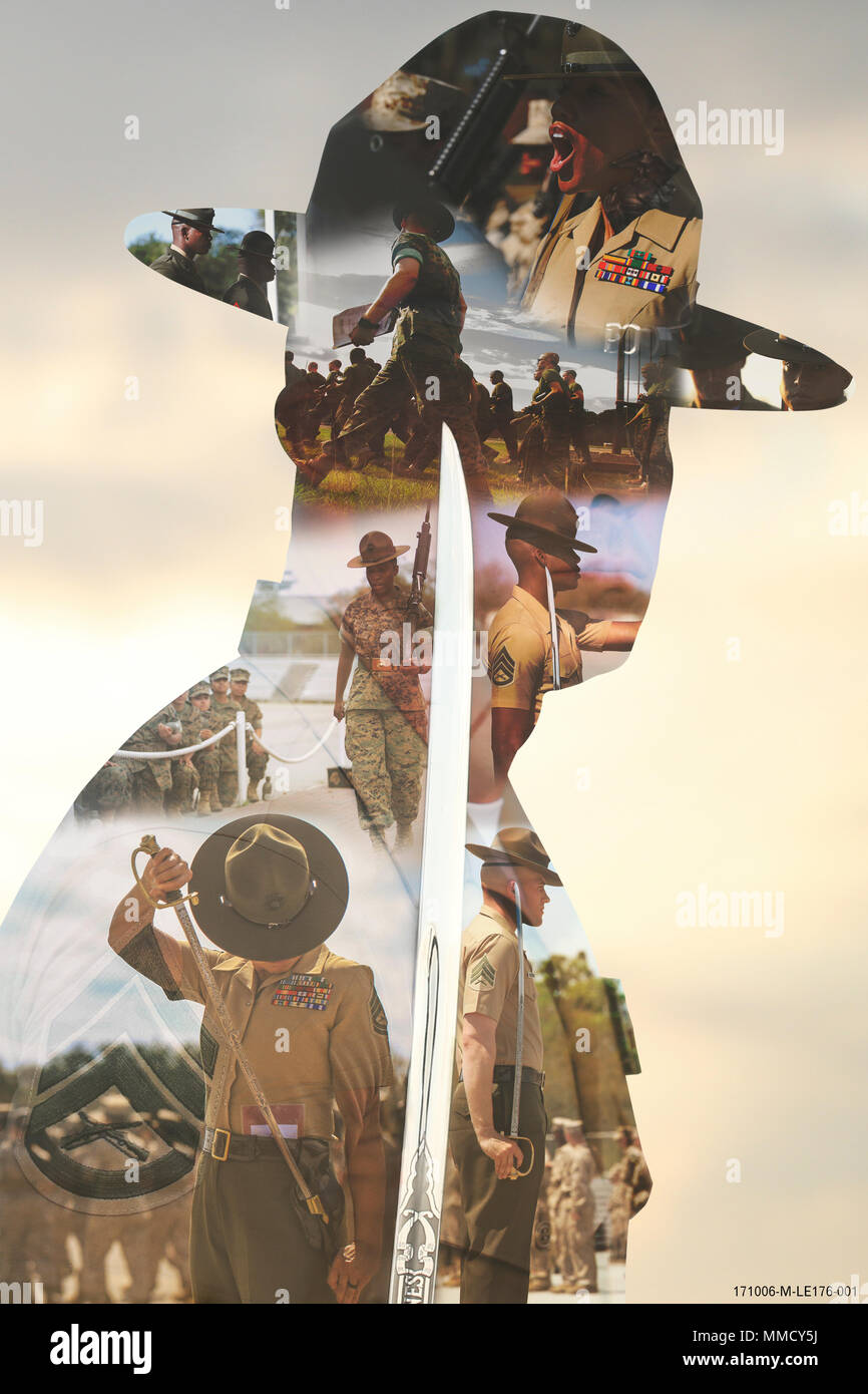 Grafische Darstellung, Plakat, gezeigt 6 Okt., 2017, erfasst die verschiedenen Momente von Drill Instructors, wie sie dem Zug Rekruten auf Parris Island, S.C. Dies ist Teil einer Serie von Poster an drill instructor Schule Parris Island verwendet werden. (U.S. Marine Corps grafische Darstellung von Cpl. Jennifer Carrillo Castillo/Freigegeben) Stockfoto