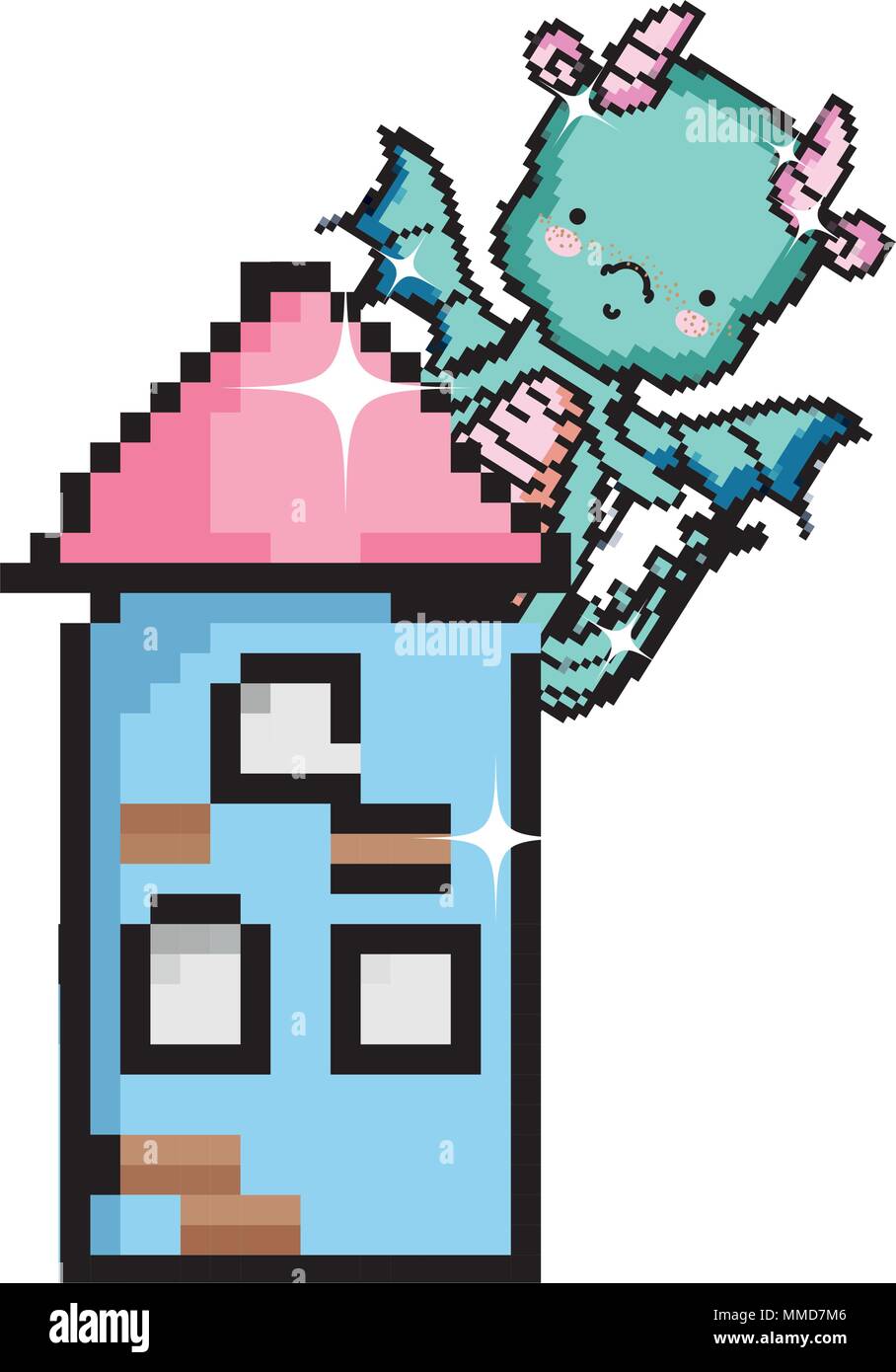 Pixel cute Dragon im Turm mit Windows Stock Vektor