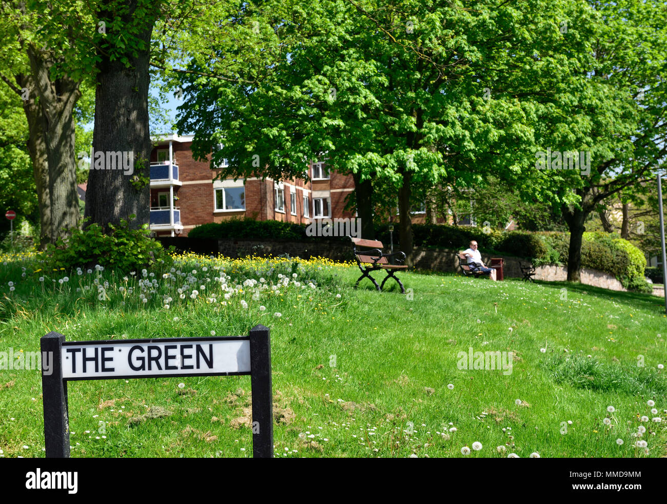 Die grüne, mit kleinen grünen Park und Sitzbank hinter Stockfoto