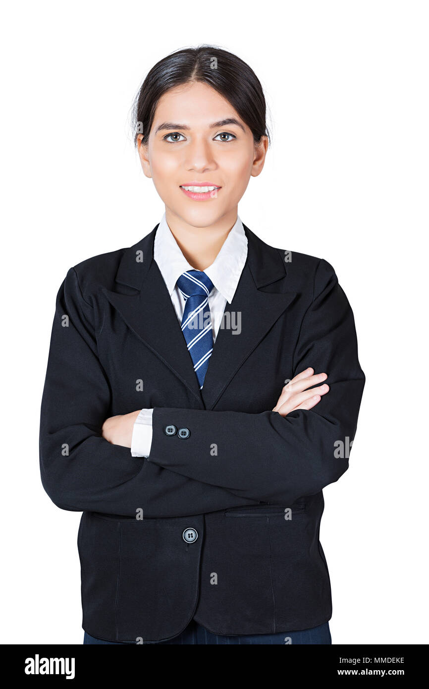 Eine weibliche Mitarbeiter ständigen aufgestützte Hände Lächeln Stockfoto