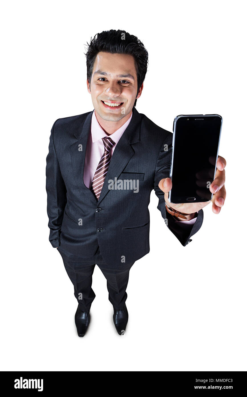 Ein Unternehmer, die neue Smart Phone Qualität Technik weißer Hintergrund Stockfoto