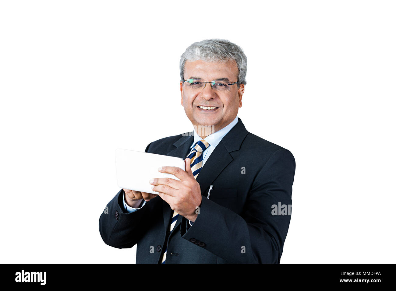 Ein altes Geschäft männlichen Arbeitgeber senden Text-Message SMS Mobile Tablet-Pc Stockfoto