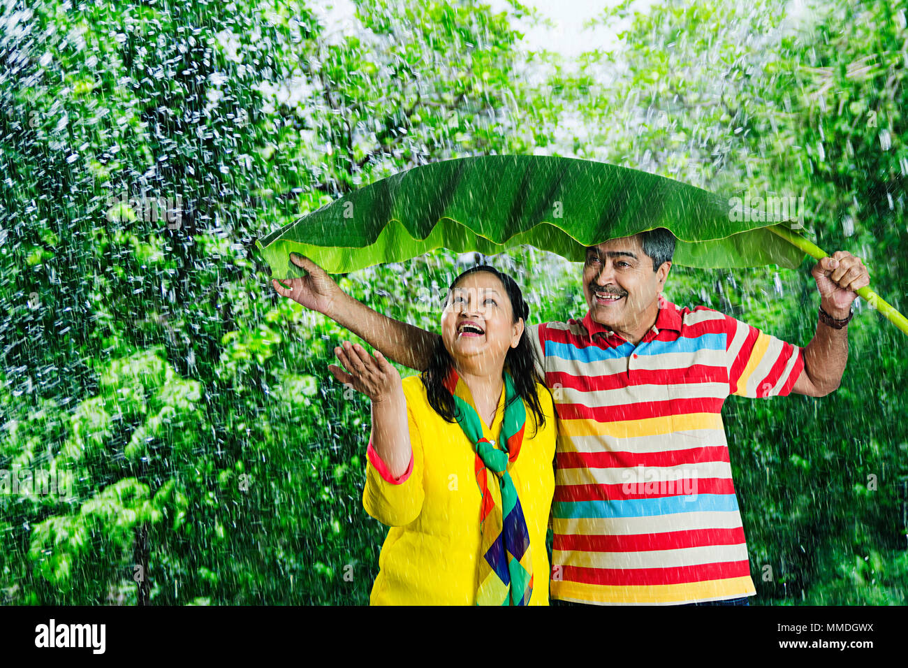 Gerne älteres Paar zusammen unter Banana-Leaves Regen Sicherheit Sommer At-Park Stockfoto