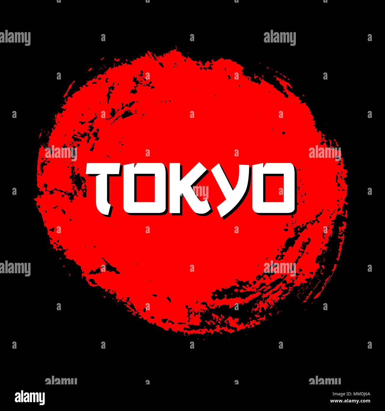 Tokio rote Zeichen Vektor. Grunge roter Kreis Stempel auf schwarzen Hintergrund. Chinesische Tinte oder Gummi texturierte Sun Symbol Abbildung. Stock Vektor