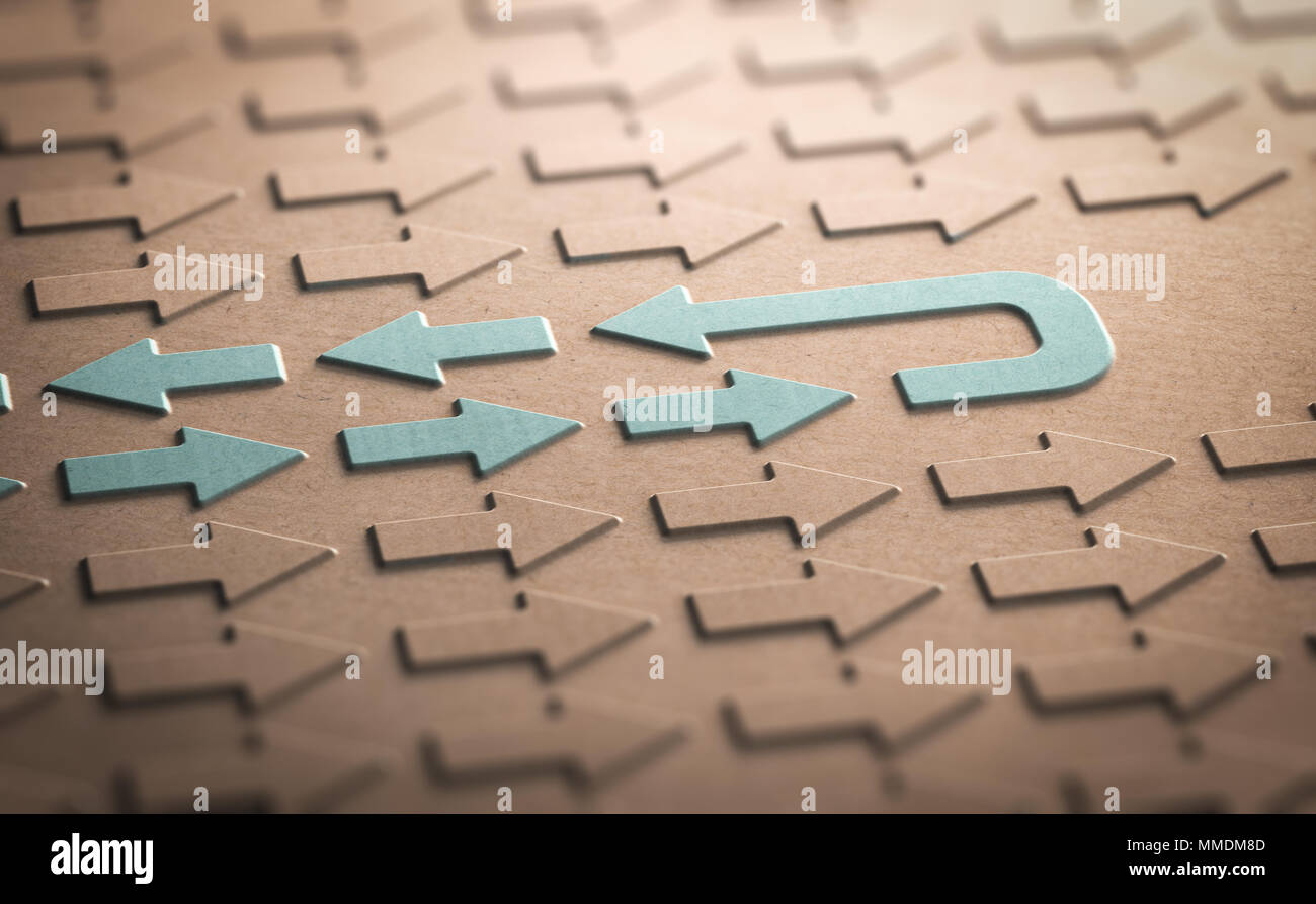 3D-Abbildung: viele Pfeile, Symbole, die in die gleiche Richtung und ein Pfeil Zurück zeigt. Konzept der Regression. Stockfoto