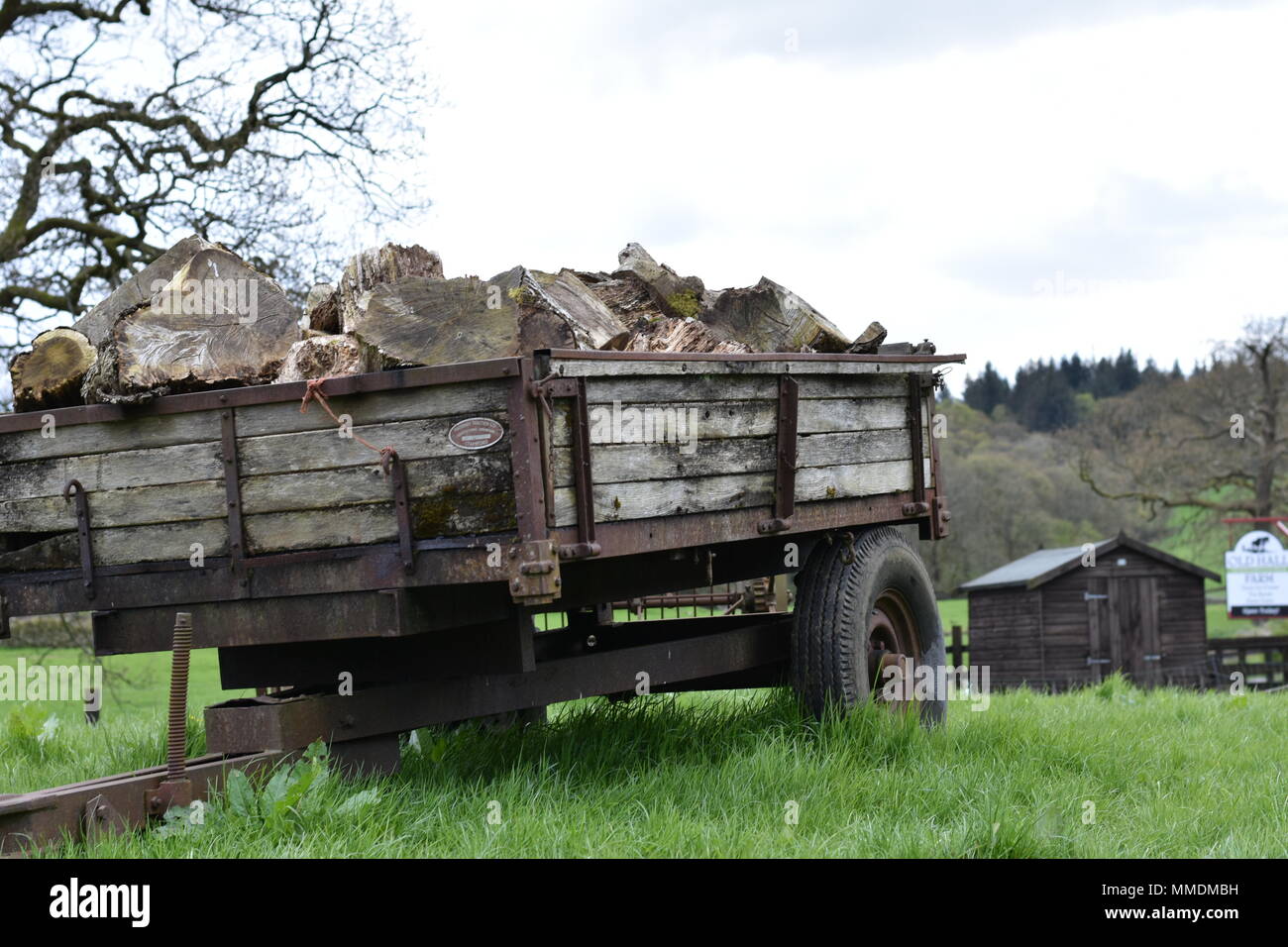 Das Leben auf dem Bauernhof, landwirtschaftliche Maschinen und log Sammlung im Lake District Stockfoto