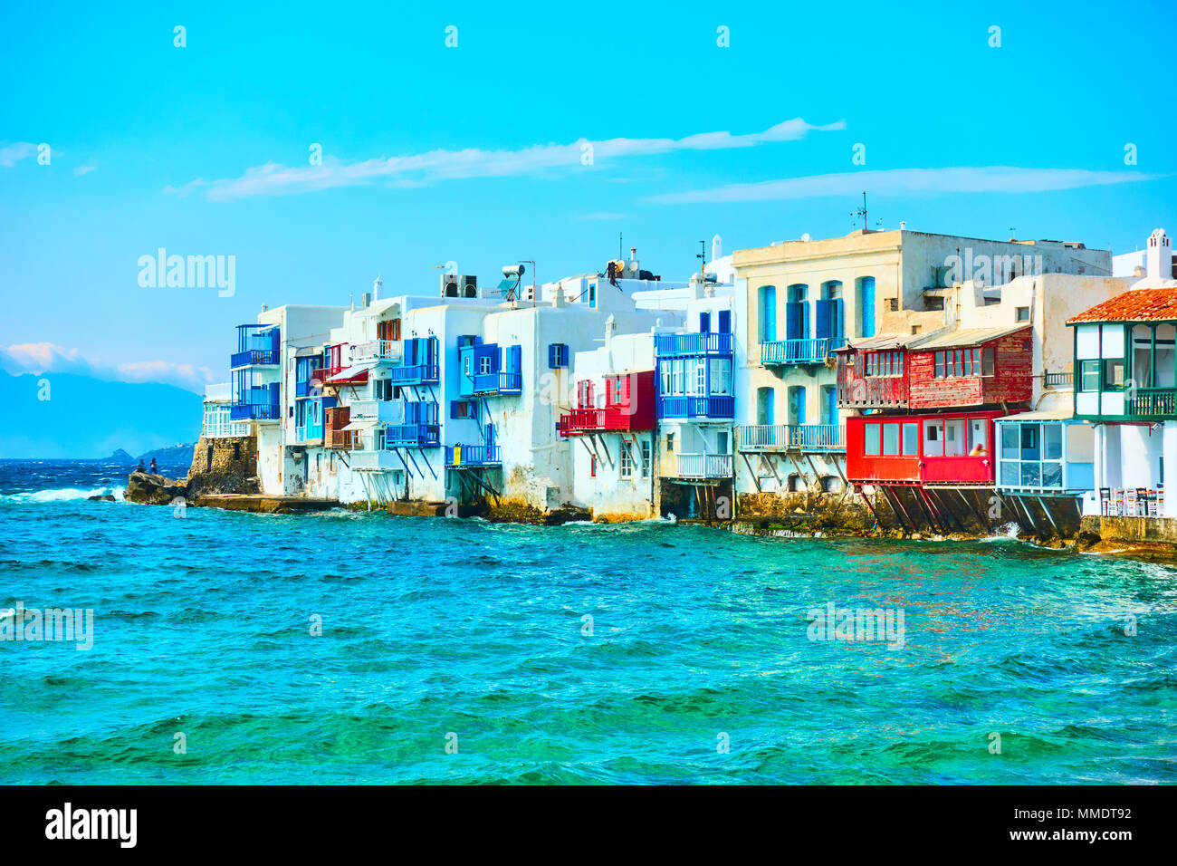 Malerische Häuser von Klein Venedig in der Insel Mykonos, Kykladen, Griechenland Stockfoto