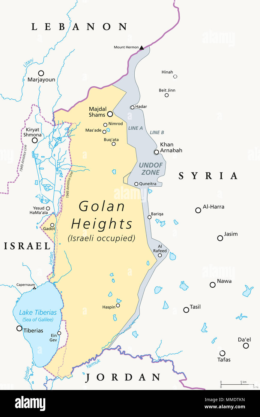 Golanhöhen. Politische Karte mit Grenzen, wichtige Orte, Flüsse und See von Tiberias. Eine Region, in der Levante. Stockfoto