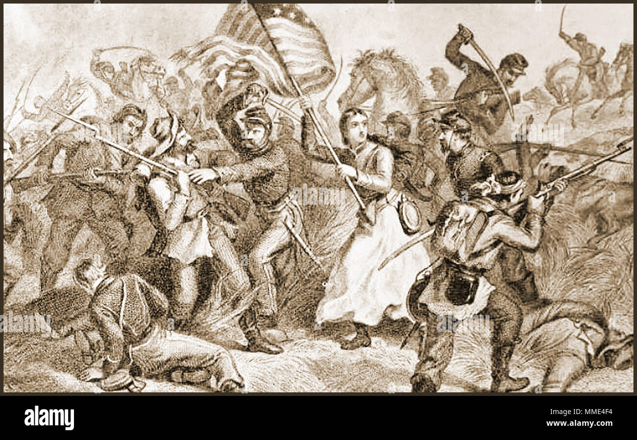 Ein 1914 Darstellung von Bridget Deyens (Auch als Bridget Deavers und Biddywimen Devins etc. bekannt) wurde irischer Abstammung und Ritt mit dem Ersten Michigan Kavallerie während des Amerikanischen Bürgerkrieges, wo sie als Michigan Bridget bei der Betreuung von Soldaten und sogar als Ersatz Soldat bekannt wurde, reiten mit den Erste Michigan Kavallerie während des Amerikanischen Bürgerkriegs Stockfoto