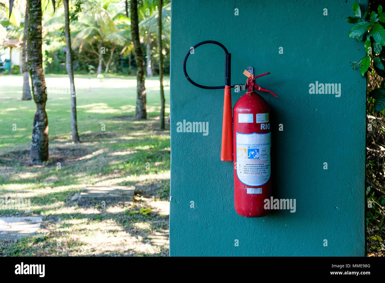 Rote Feuerlöscher auf grüne Wand, mit Garten im Hintergrund. Stockfoto