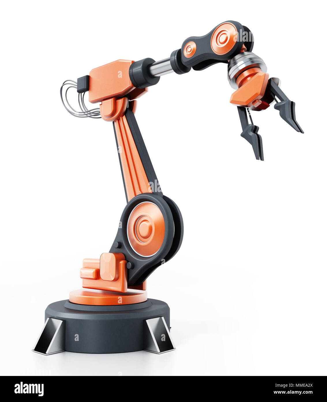 Roboterarm auf weißem Hintergrund. 3D-Darstellung. Stockfoto