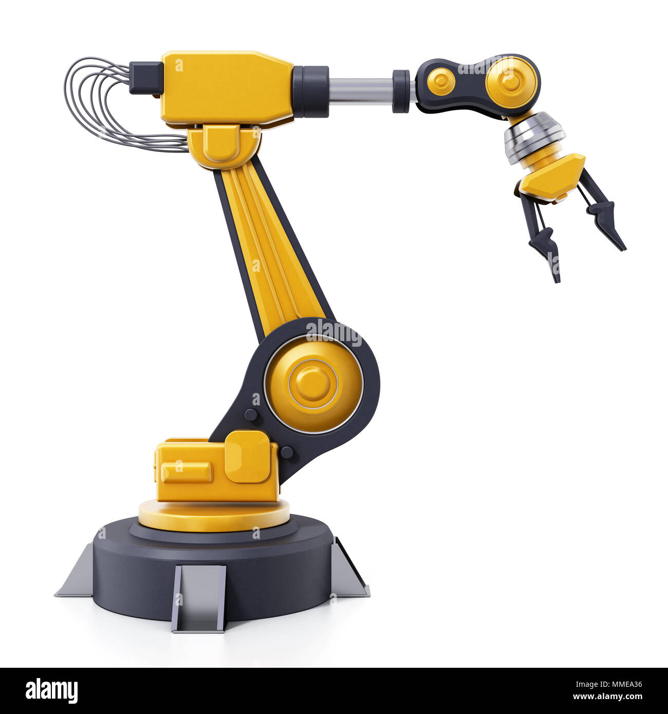 Roboterarm auf weißem Hintergrund. 3D-Darstellung. Stockfoto