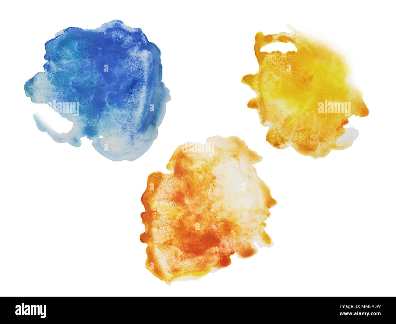 Drei Farben - Gelb, Orange und Blau splash Aquarell hand auf weißem Hintergrund gemalt isoliert, Künstlerische Dekoration oder Hintergrund Stockfoto