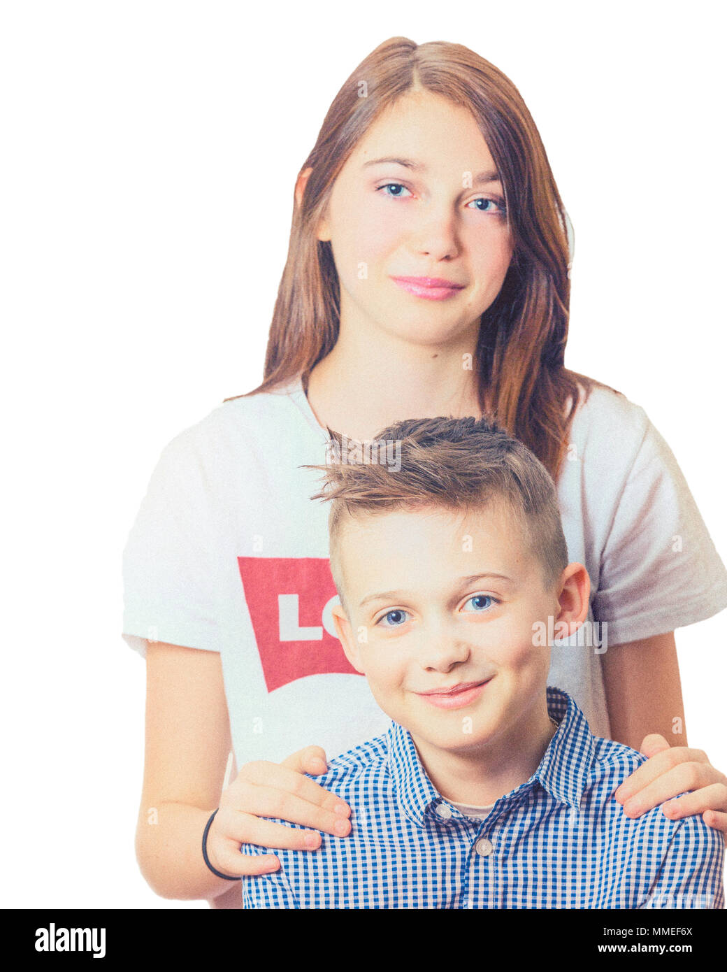 Bruder und Schwester Geschwister formale Portrait auf weißem Hintergrund Stockfoto