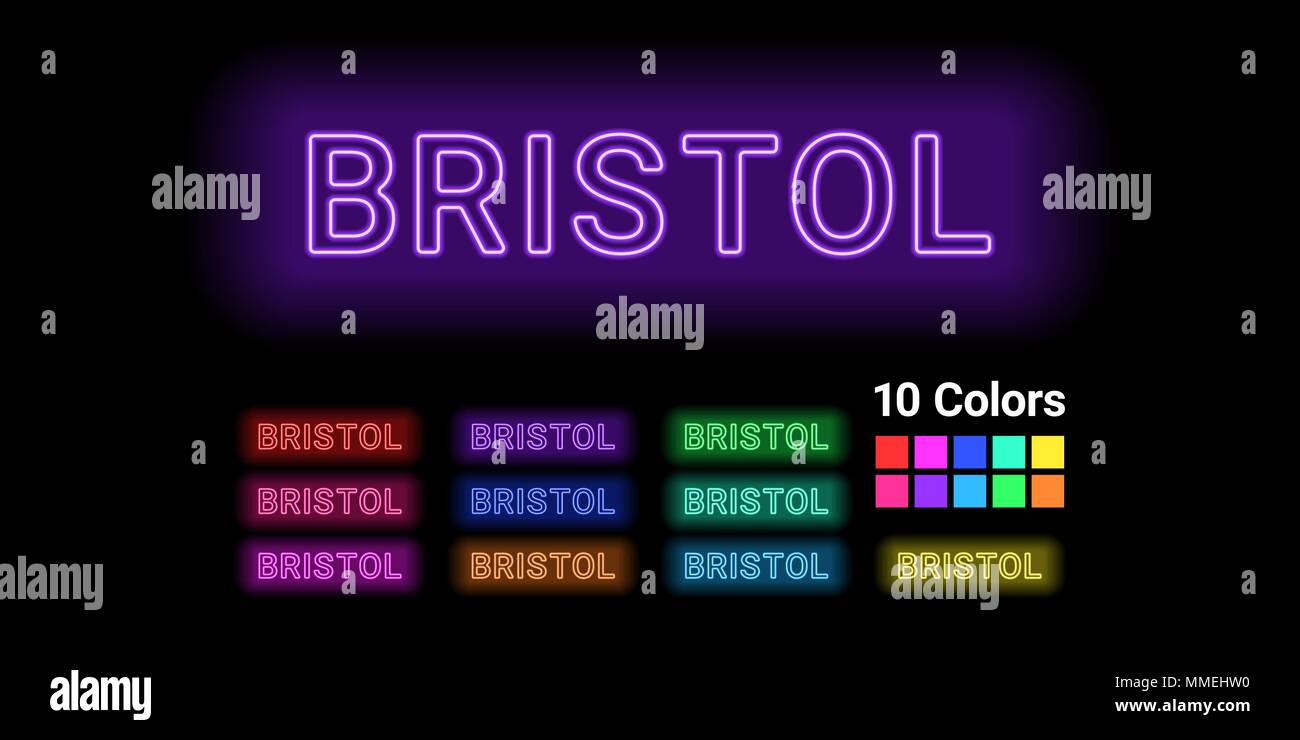 Neon Name der Stadt Bristol. Vector Illustration von Bristol Beschriftung bestehend aus Neon auf dem dunklen Hintergrund skizziert, mit Hintergrundbeleuchtung. Satz von Unte Stock Vektor