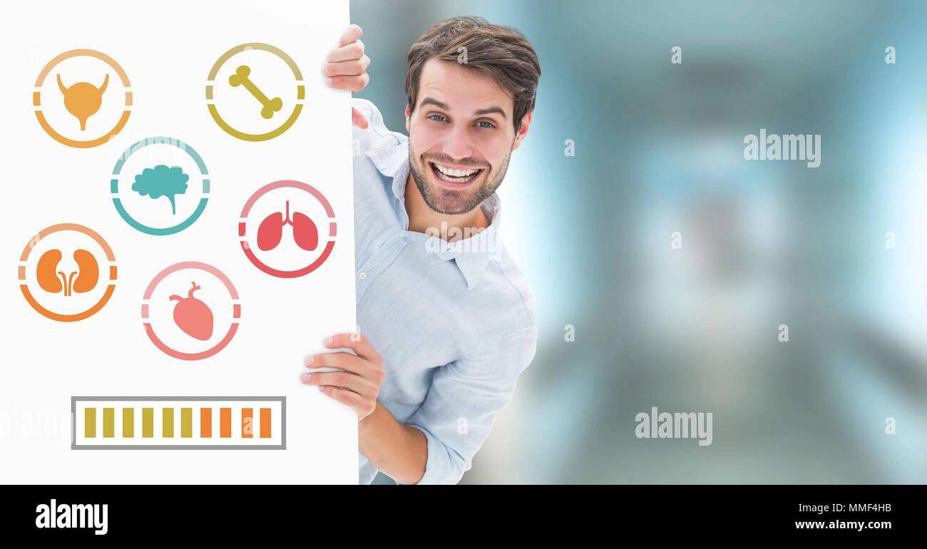 Menschlichen Körper Organe Symbole und Mann mit Karte Stockfoto
