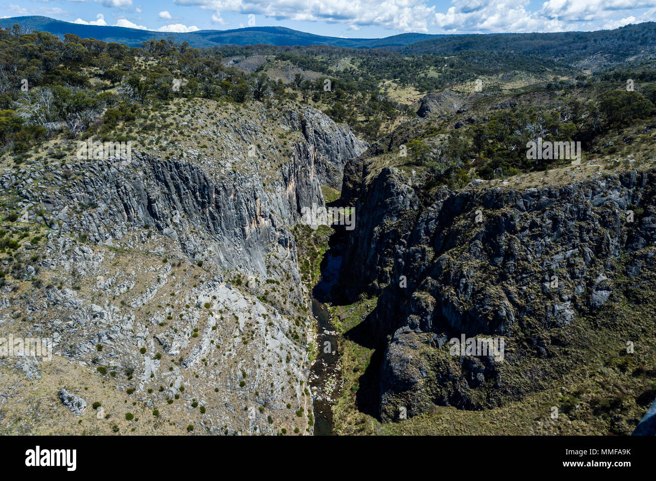Eine robuste mountain Gorge carving Es ist Weg durch die australischen Alpen. Stockfoto