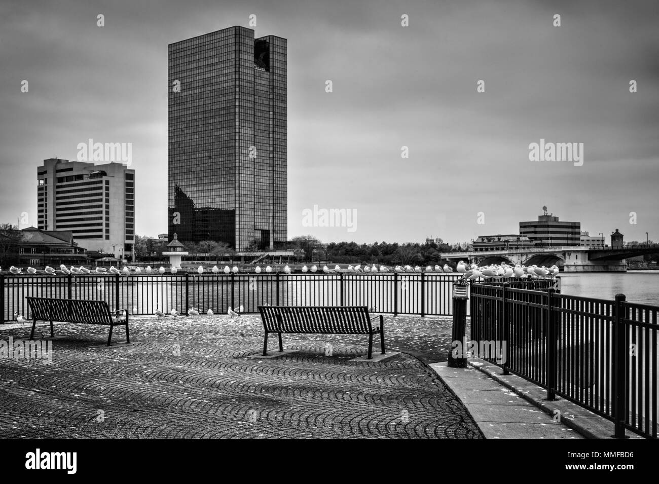 Einen Panoramablick über die Innenstadt von Toledo Ohio Skyline aus über dem Maumee River ein beliebtes Restaurant mit einem fertiger Backstein Boardwalk. Stockfoto