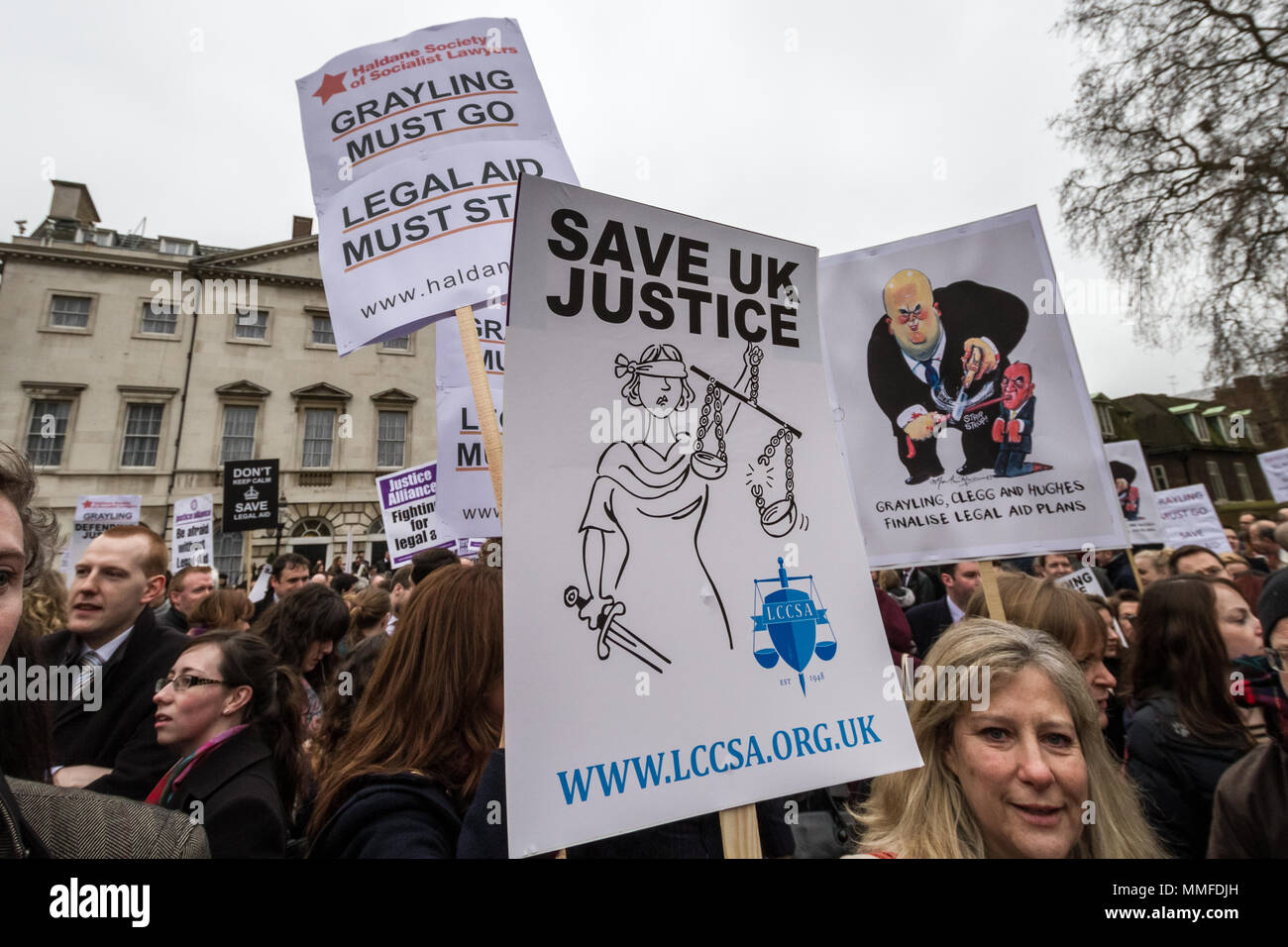 Barristers und Solicitors Protest in einer zweiten Masse Arbeitsniederlegung über Kürzungen bei Prozesskostenhilfe. Westminster, Großbritannien Stockfoto