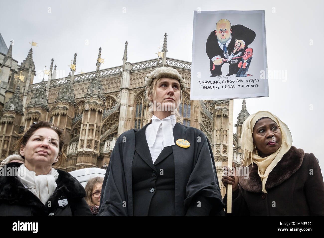 Barristers und Solicitors Protest in einer zweiten Masse Arbeitsniederlegung über Kürzungen bei Prozesskostenhilfe. Westminster, Großbritannien Stockfoto