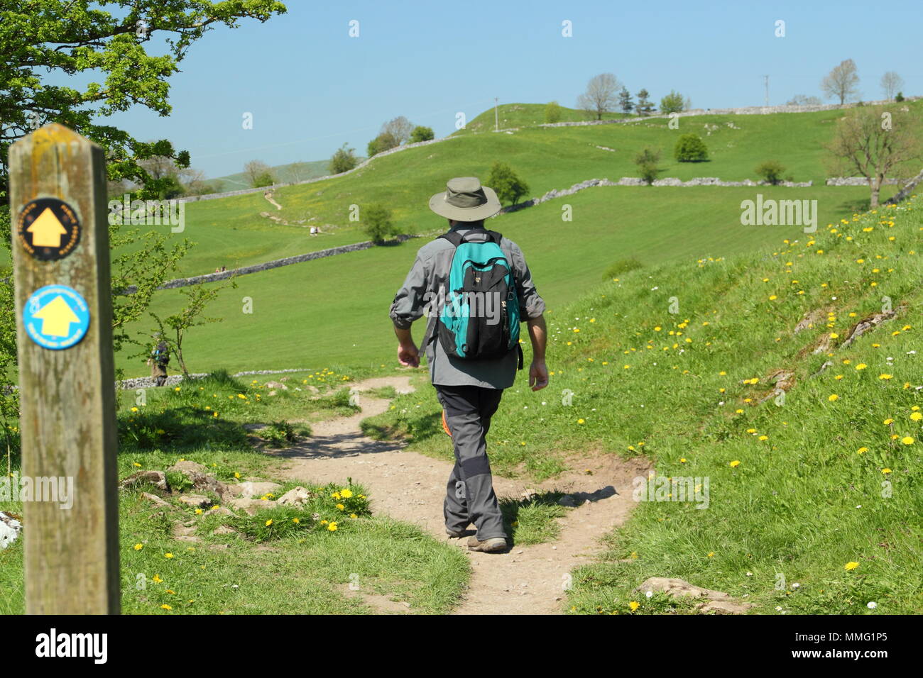 Männliche Wanderer auf Fußweg nähern Hartington Dorf von Southside in der Nähe von Pennilow, in der Nationalpark Peak District, Derbyshire, Großbritannien - mittlere Feder Stockfoto