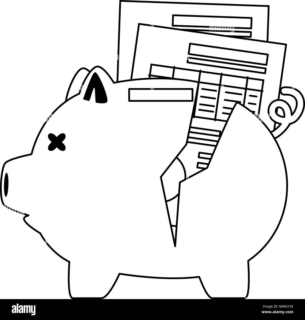 Piggy Einsparungen mit Dokumenten Vector Illustration Design gebrochen Stock Vektor