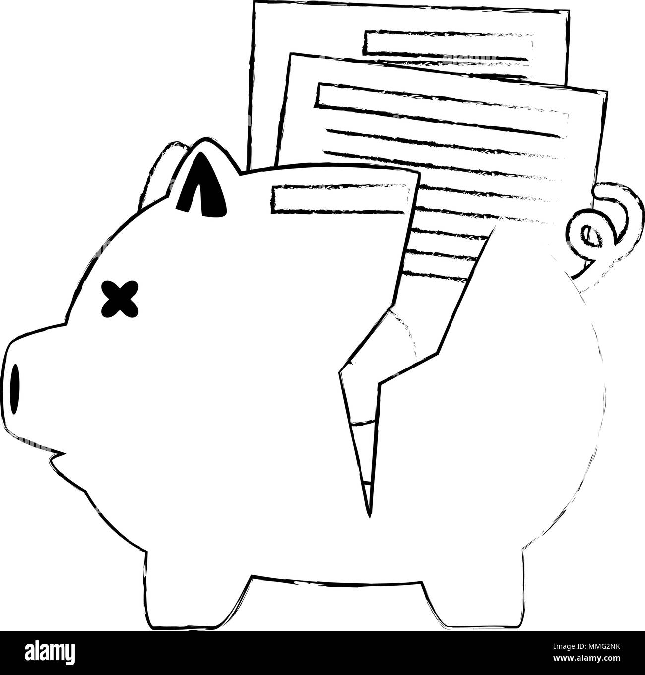 Piggy Einsparungen mit Dokumenten Vector Illustration Design gebrochen Stock Vektor