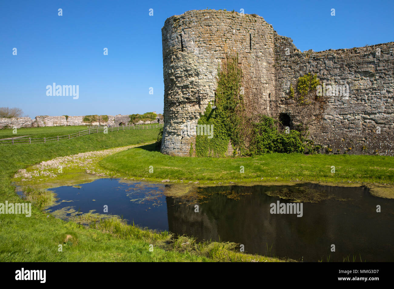 Die Ruine des historischen Pevensey Castle in East Sussex, UK. Es ist eine mittelalterliche Burg und ehemaligen Römischen Saxon Shore fort. Stockfoto