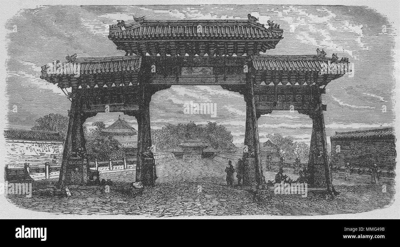 Peking. Triumphbogen auf der Brücke über die Seen des Palastes Drucken 1882 Stockfoto