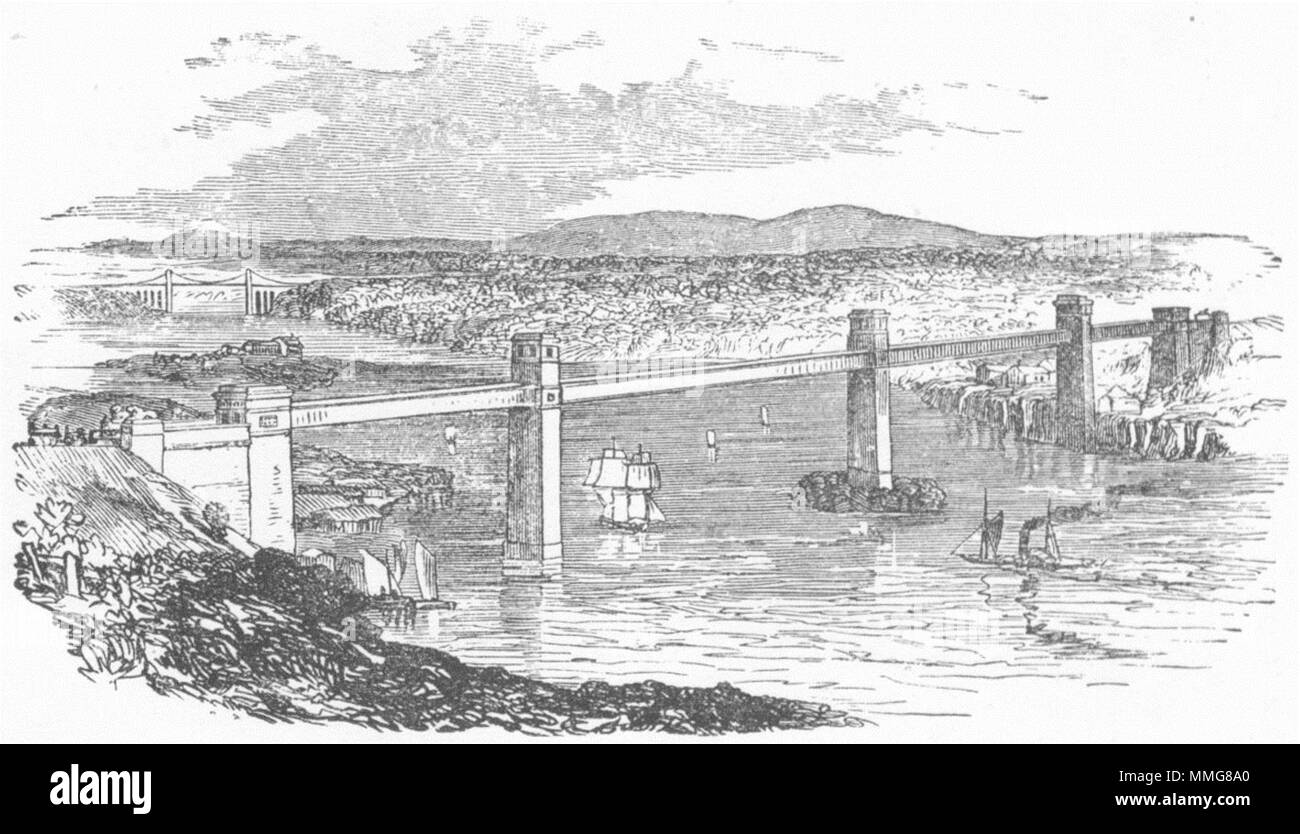 WALES. Britannia Tubular Bridge. Anglesey. Wylde 1866 alten, antiken Drucken Stockfoto
