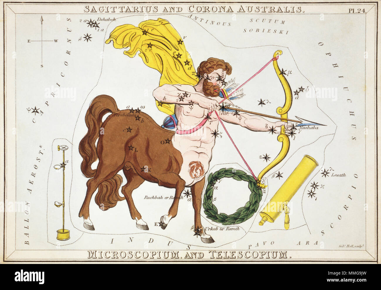 Schütze und Corona Australis, Microscopium, und Telescopium. Karte Nummer 24 von Urania's Mirror, oder einen Blick auf den Himmel, eines der 32 astronomischen Star Chart Karten von Sidney Hall graviert und publshed 1824. Stockfoto
