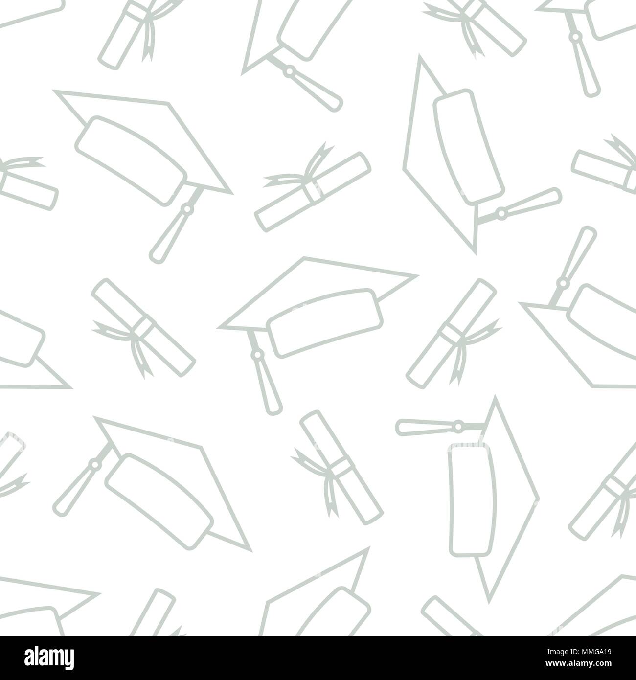Absolvent Kappen mit Absolvent Papier in grauen Umrisse random auf weißem Hintergrund. Nahtlose Muster Hintergrund Design für Schule und Studium der Vektor i Stock Vektor