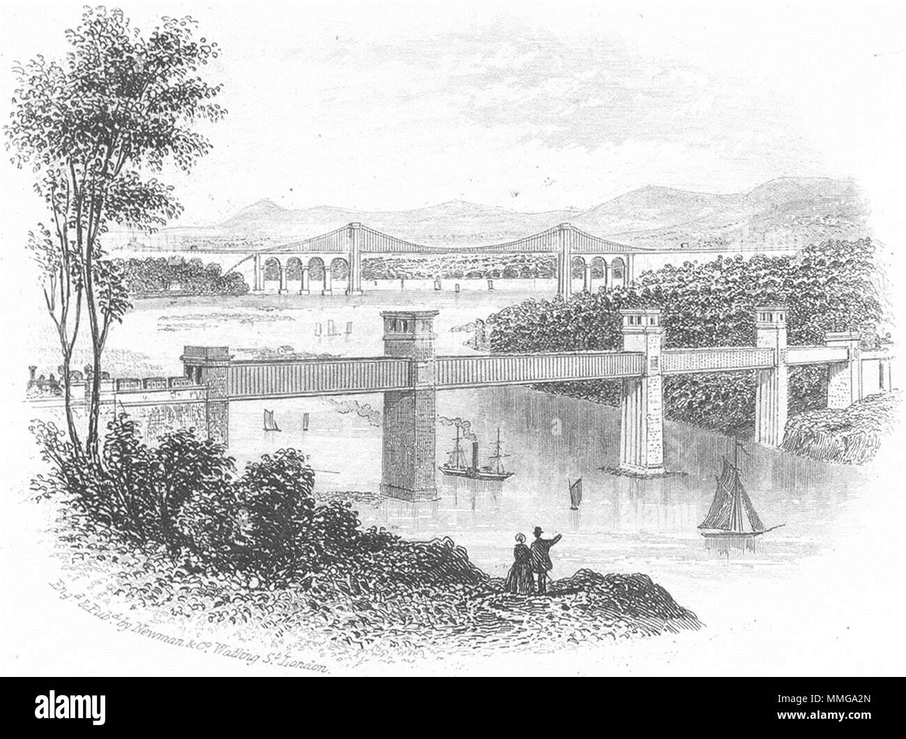 WALES. Britannia Tubular & Menai Brücken. Schiffe 1850 alte antike Bild drucken Stockfoto