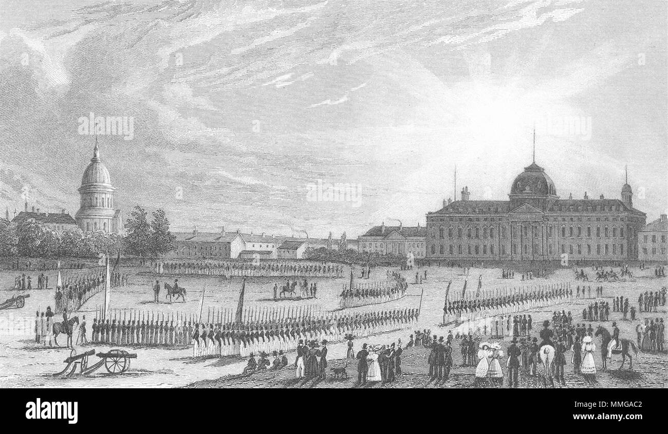 PARIS. Champ Mars Ecole Militaire. Kanonen Pferd 1828 alten, antiken Drucken Stockfoto
