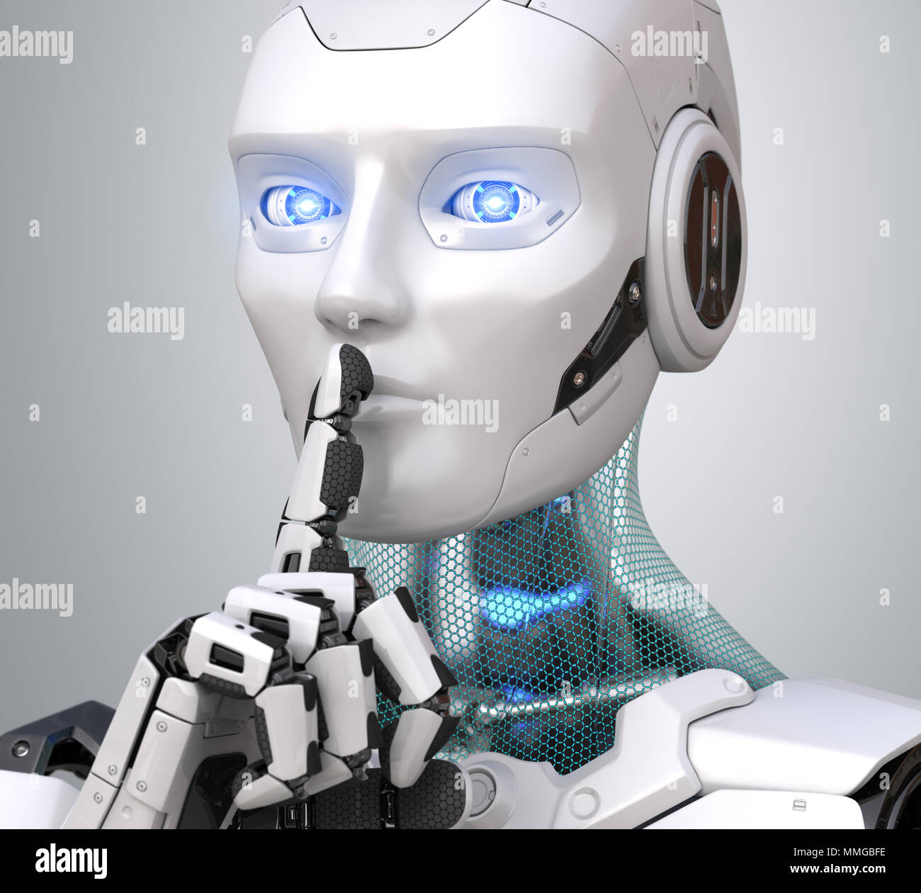 Roboter mit den Finger auf die Lippen, die Stille. 3D-Darstellung Stockfoto