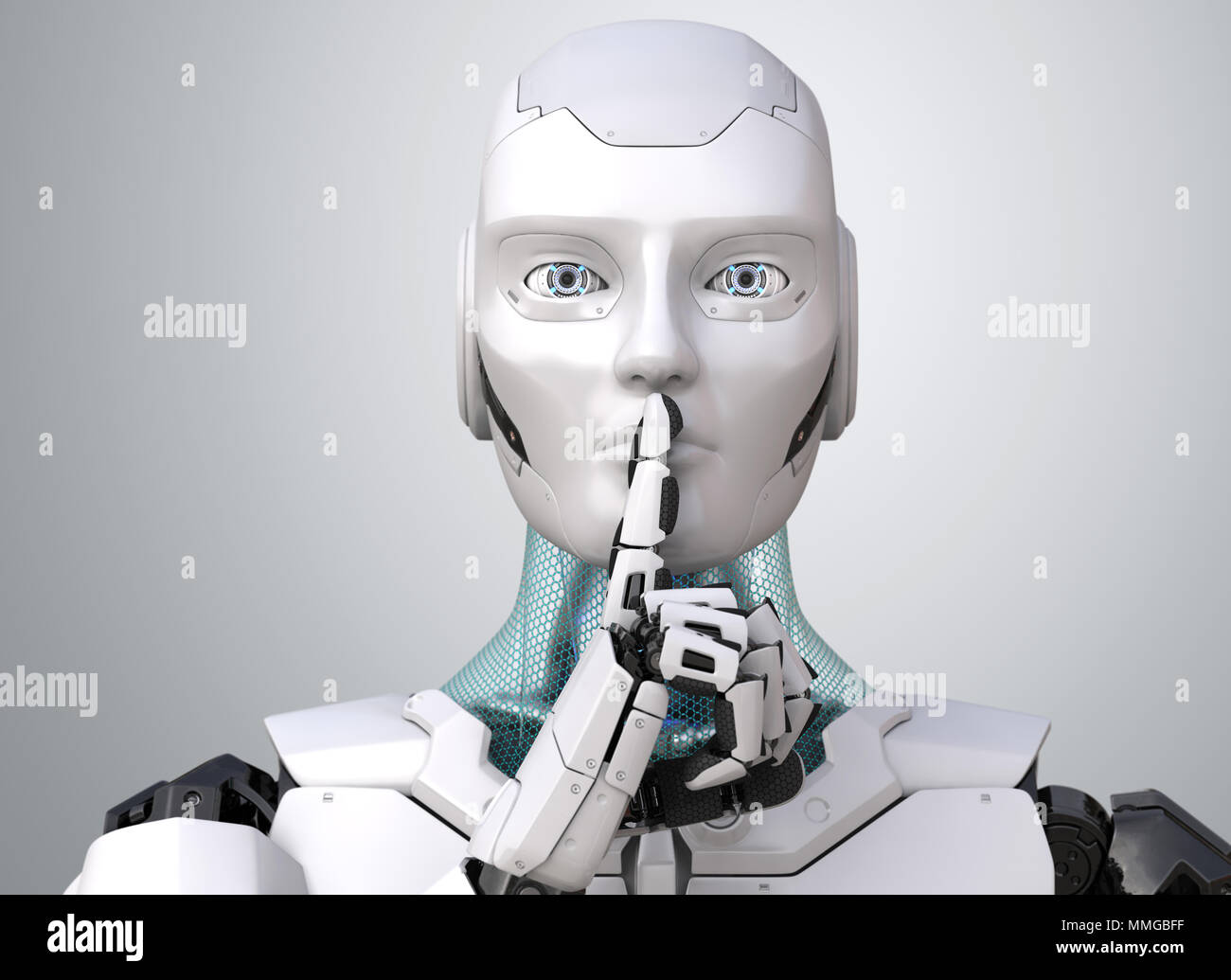 Roboter mit den Finger auf die Lippen, die Stille. 3D-Darstellung Stockfoto