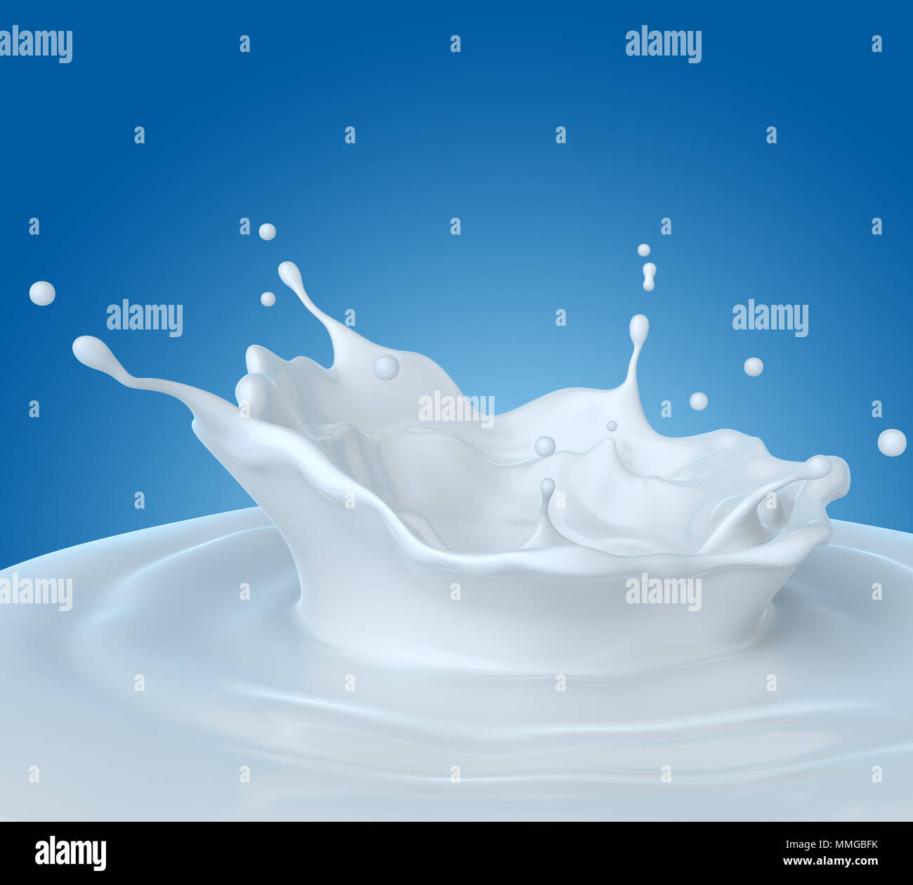 Splash von Milch. Beschneidungspfad enthalten. 3D-Darstellung Stockfoto
